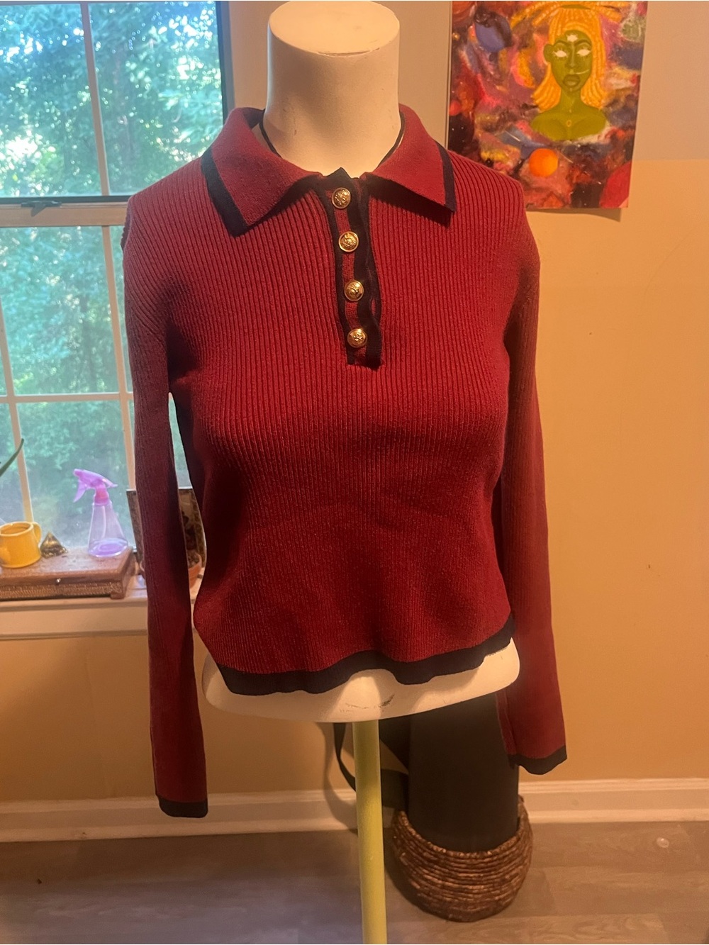 Women's Burgundy Ribbed V-Neck Sweater with Contrast Trim Preppy